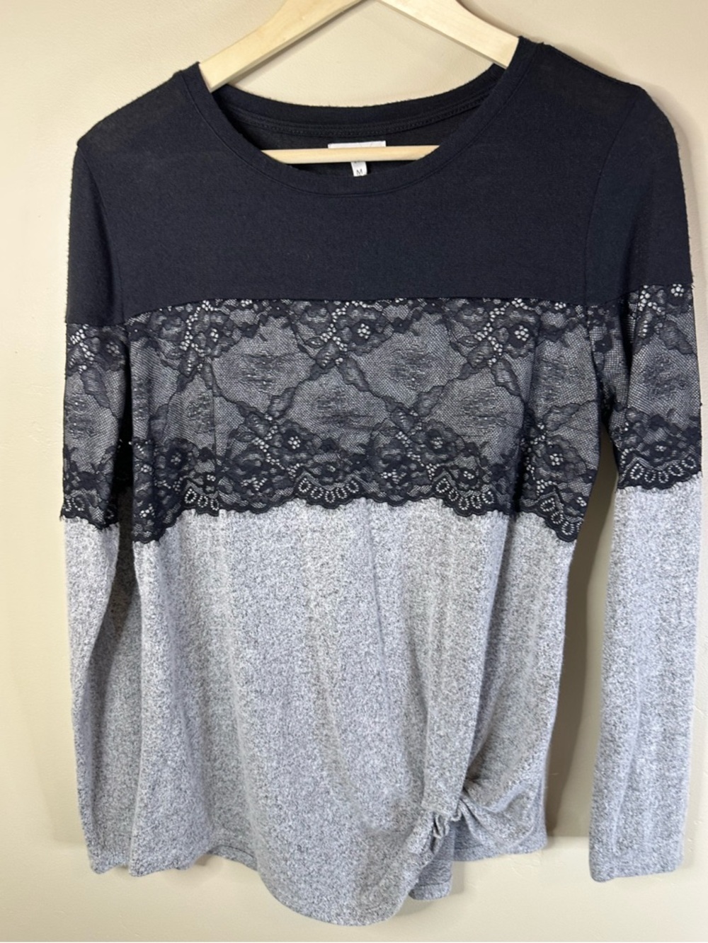 Maurices MED Black & Gray Color Block Long Sleeve Feminine Top with Lace Detail